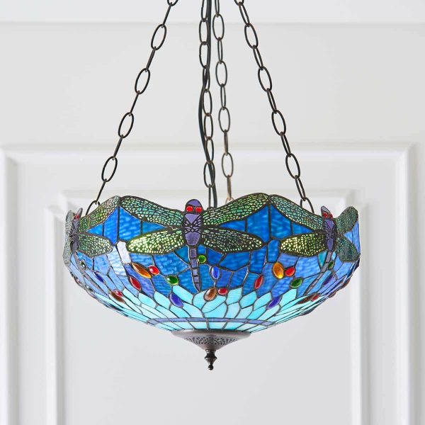 Blue Dragonfly 3 light Tiffany uplighter pendant main image in panelled room