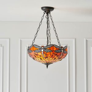 Flame Dragonfly medium 3 lamp Tiffany pendant uplighter, shown in panelled room.