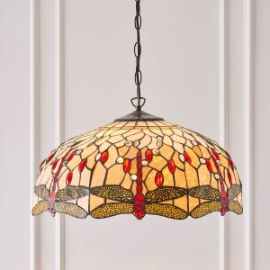 Large Beige Dragonfly Tiffany 3 light ceiling pendant, shown in panelled room.