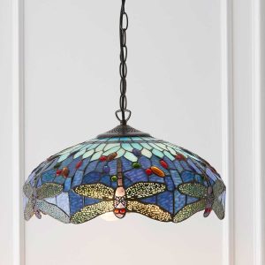 Blue Dragonfly medium 3 lamp Tiffany pendant light main image in panelled room