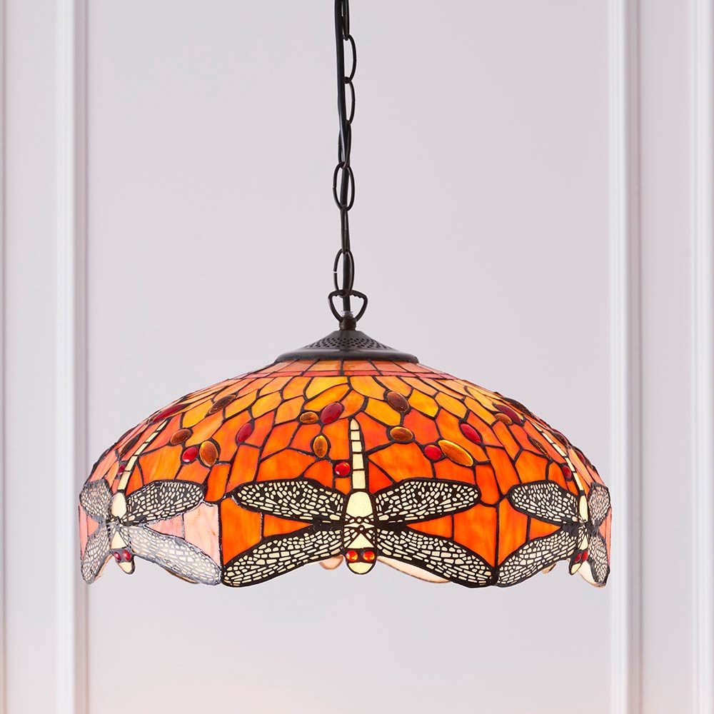 Medium 3 Lamp Flame Dragonfly Tiffany Pendant Light
