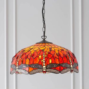 Flame Dragonfly large 3 lamp Tiffany pendant light, shown in panelled room.