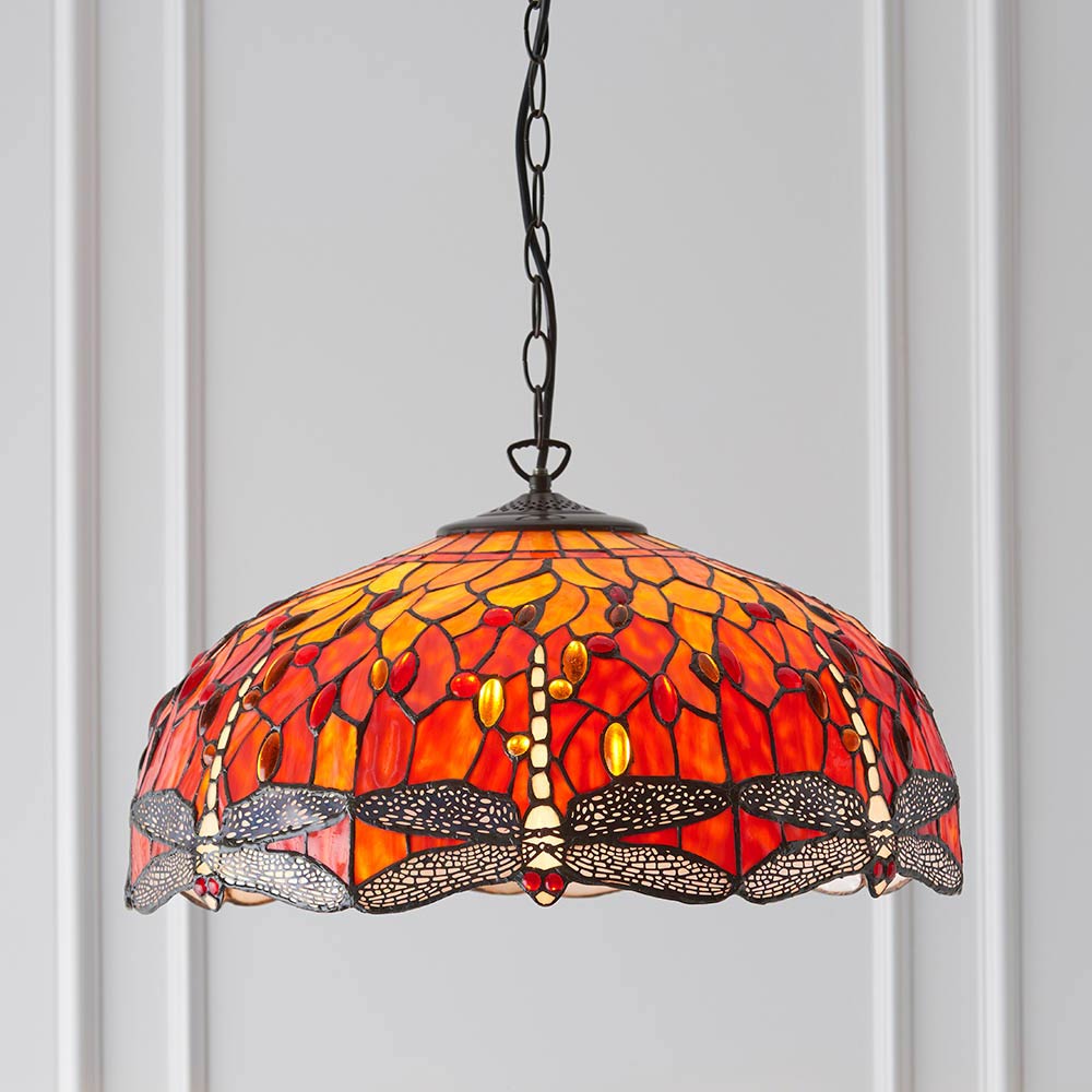 Flame Dragonfly Large 3 Lamp Tiffany Pendant Light
