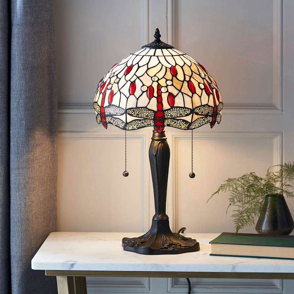 Beige Dragonfly Small 2 Light 30cm Tiffany Table Lamp