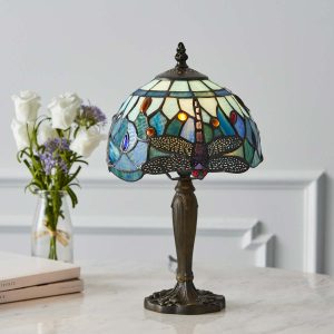 Blue Dragonfly mini Tiffany table lamp on lounge table