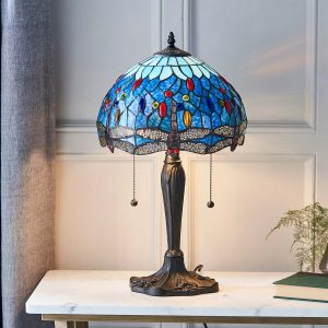 Blue Dragonfly small 2 light Tiffany table lamp on lounge table