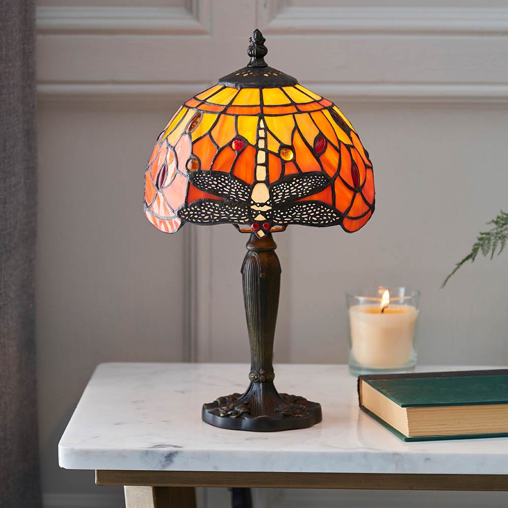 Flame Dragonfly 1 Light Mini Tiffany Table Lamp