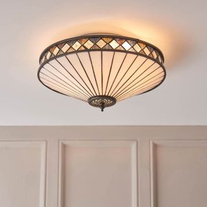 Fargo medium 2 lamp flush Tiffany light with Art Deco style, shown in panelled room.