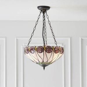 Hutchinson Mackintosh rose 3 chain Tiffany pendant uplighter, hanging in panelled room.