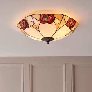 Ingram large Art Nouveau flush Tiffany ceiling light with a Mackintosh rose design, shown in panelled room.