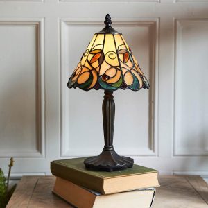 Jamelia mini Tiffany table lamp in Art Nouveau style, shown on sideboard.