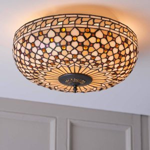 Mille Feux large flush fitting 2 lamp Tiffany ceiling light fitted to lounge ceiling