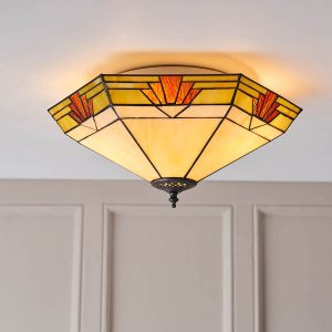 Nevada large 2 light flush Art Deco Tiffany ceiling light, shown in panelled room.