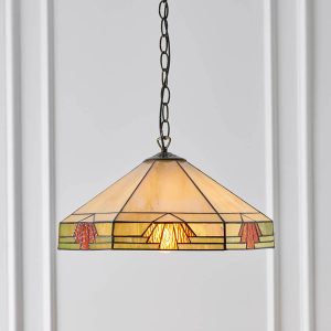 Nevada medium Art Deco Tiffany ceiling pendant light, half height in panelled room.
