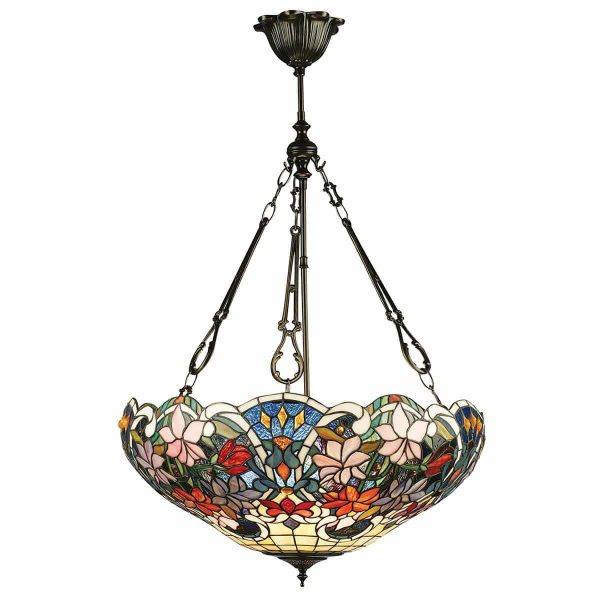 Sullivan 3 lamp floral Tiffany pendant uplighter on white background