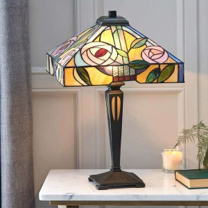 Willow rose design 2 light medium Tiffany table lamp on lounge table