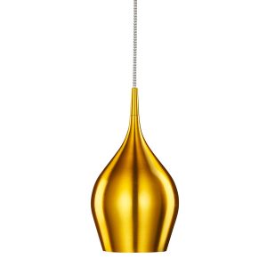 Vibrant 12cm diameter single ceiling pendant in gold on white background