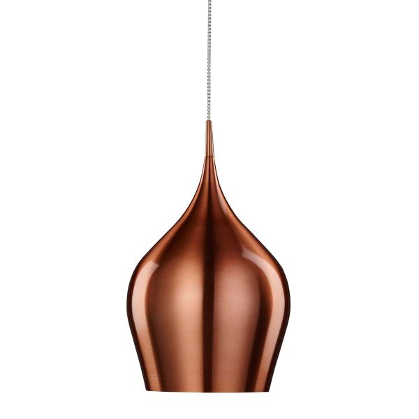 Vibrant 26cm diameter single light ceiling pendant in copper on white background