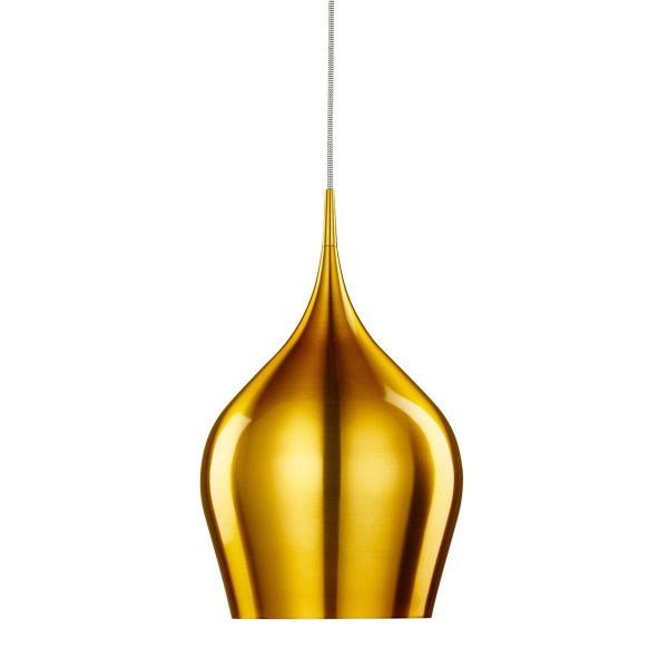 Vibrant 26cm diameter single light ceiling pendant in gold on white background
