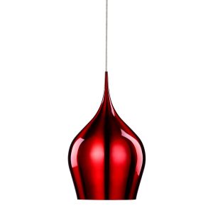 Vibrant 26cm diameter single light ceiling pendant in red on white background