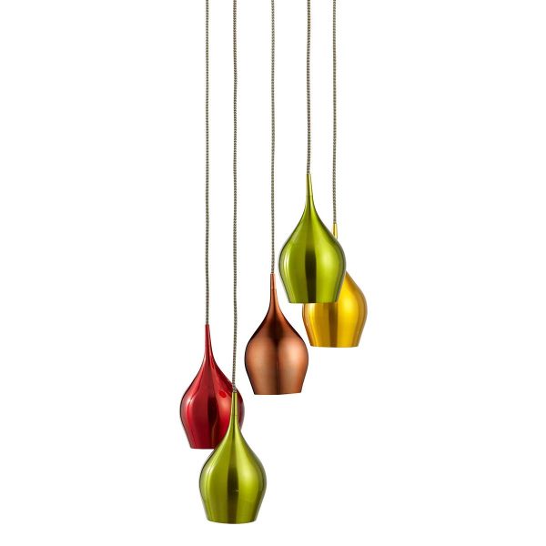 Vibrant 5 light cluster pendant with multi-coloured shades on white background