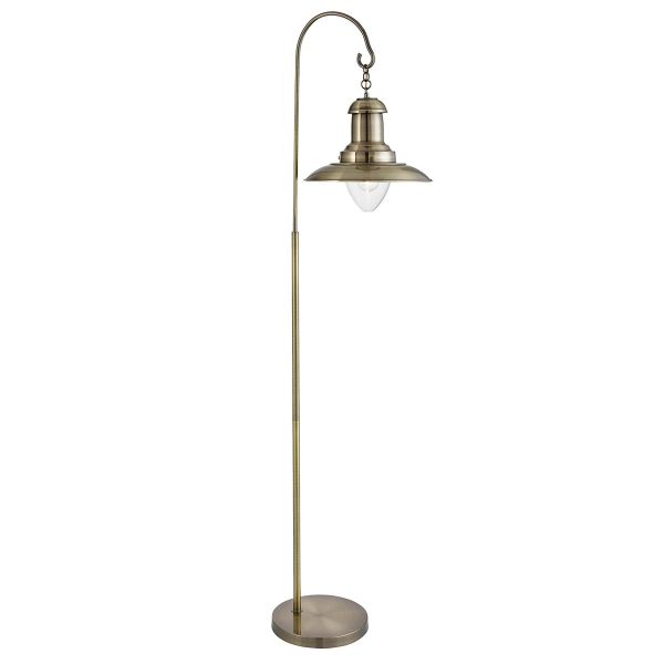 Fisherman floor lamp in antique brass with clear glass shade on white background