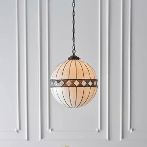 Fargo medium Art Deco style Tiffany globe pendant light, shown in panelled room.