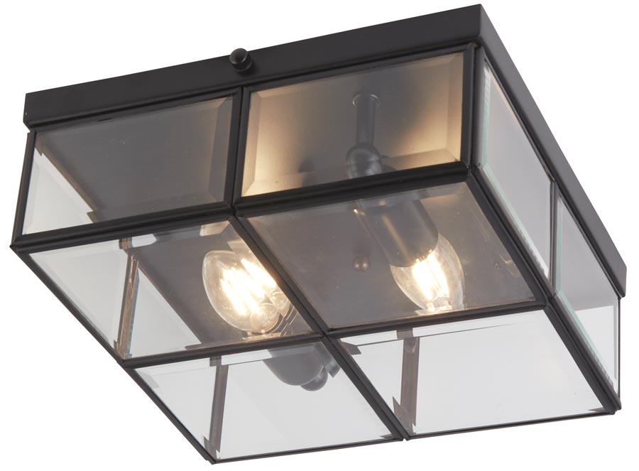 Box Flush Mount 2 Light Ceiling Light Black Bevelled Glass