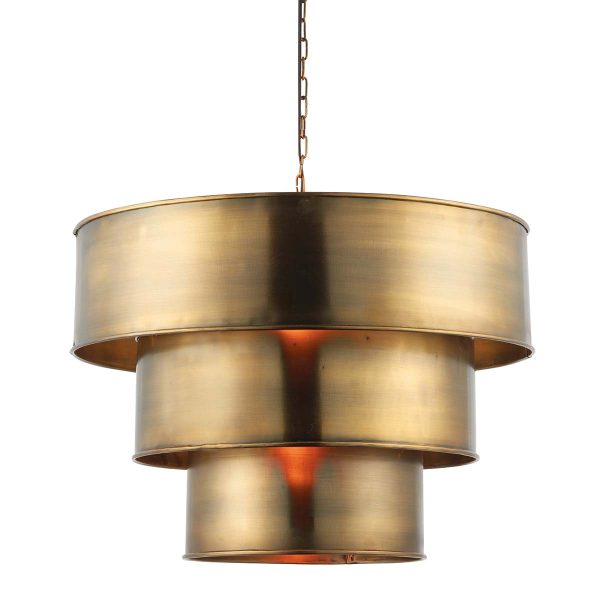 Morad 3 tier pendant light in antique brass on white background lit