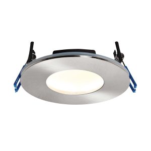 OrbitalPlus dimmable 9w LED fire rated IP65 bathroom downlight in satin nickel, on white background, lit.