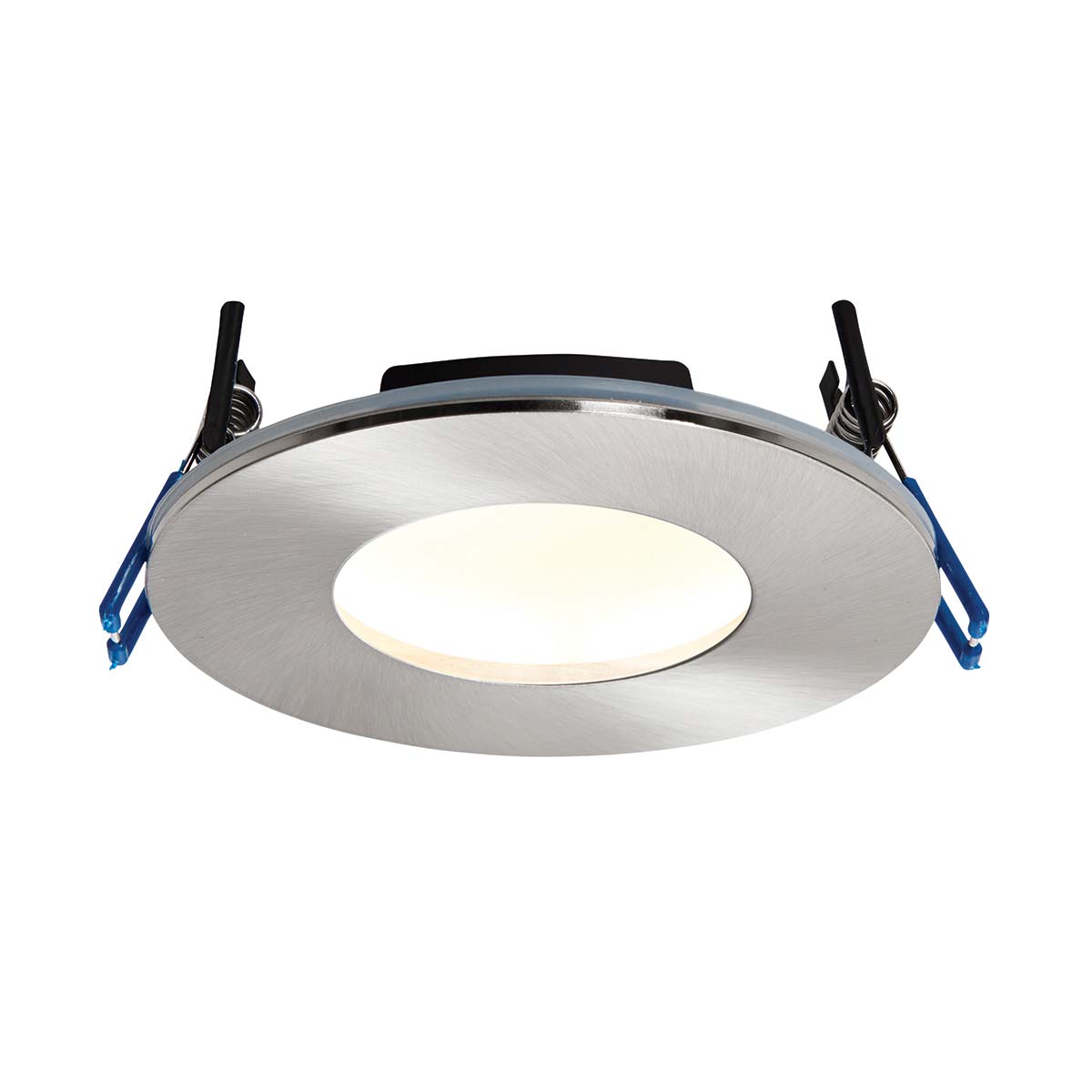 OrbitalPlus dimmable 9w LED fire rated IP65 bathroom downlight in satin nickel, on white background, lit.