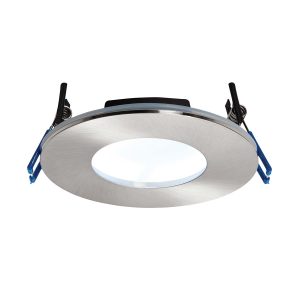 OrbitalPlus satin nickel, dimmable 9w LED, fire rated IP65 bathroom downlight in cool white, lit on white background.
