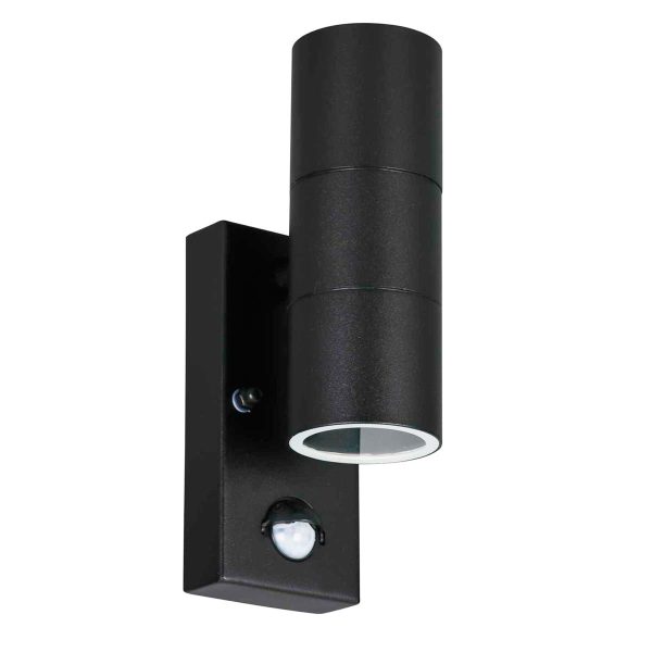 Metro stainless 2 light outdoor PIR wall light in black finish on white background