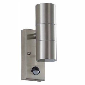 Metro 2 light outdoor PIR wall light in 316L stainless steel on white background unlit