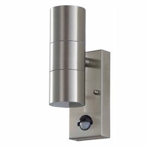 Metro 2 light outdoor PIR wall light in stainless steel on white background unlit