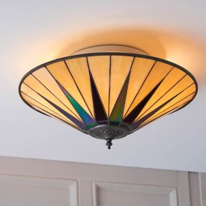 Dark Star large Tiffany large 2 lamp flush Art Deco style ceiling light, on living room ceiling.