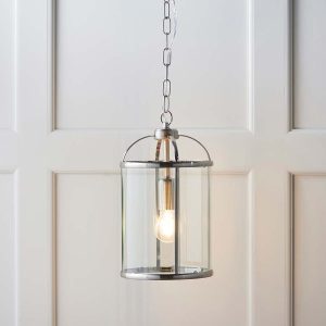 Lambeth small 1 light pendant lantern in satin nickel hanging in white panelled room