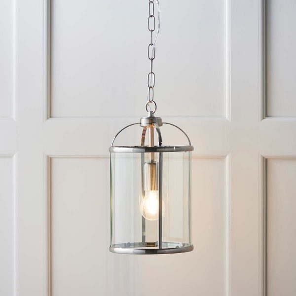 Lambeth small 1 light pendant lantern in satin nickel hanging in white panelled room