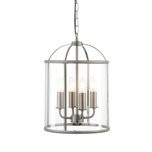 Lambeth 4 light pendant lantern in satin nickel on white background