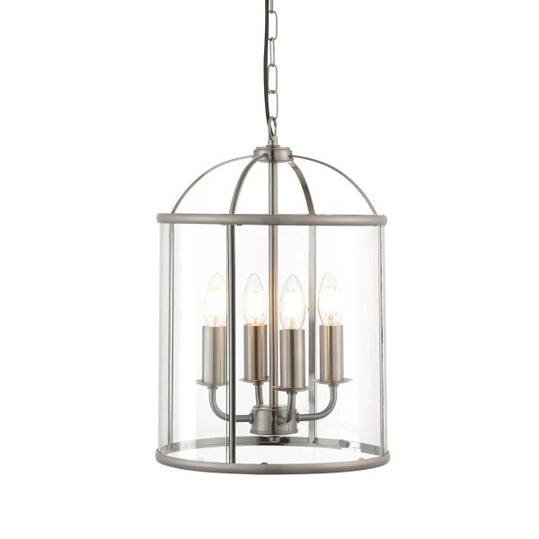 Lambeth 4 light pendant lantern in satin nickel on white background