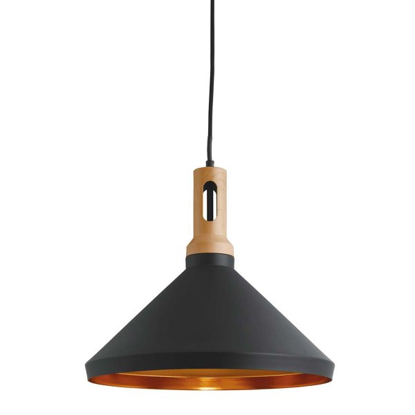 Wong single matt black pendant light with gold inner on white background