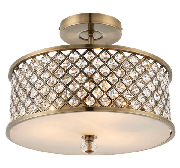 Hudson 3 Light Crystal Drum Semi Flush Ceiling Light Antique Brass