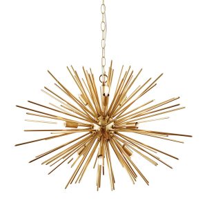 Orta 9 light starburst ceiling pendant in satin brass on white background