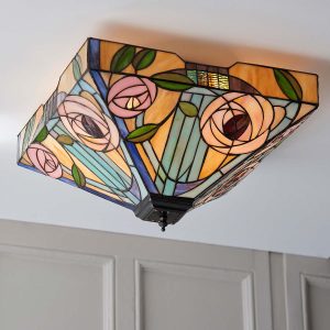 Willow Mackintosh rose large 2 light flush Tiffany lamp shown fixed to lounge ceiling