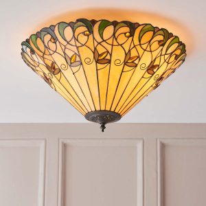 Jamelia large 2 lamp Art Nouveau style flush Tiffany light on ceiling in panelled room