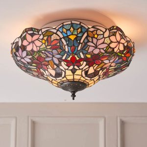 Sullivan medium floral 2 light flush Tiffany ceiling light, fitted in panelled room.