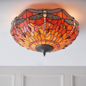 Flame Dragonfly medium 2 light flush Tiffany ceiling light, in panelled room.