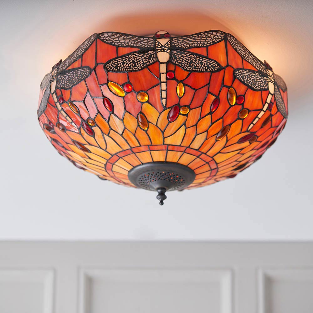 Flame Dragonfly Medium 2 Light Flush Tiffany Ceiling Light
