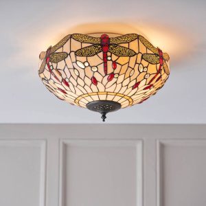 Beige Dragonfly medium 2 lamp flush Tiffany ceiling light, shown fitted in panelled room.
