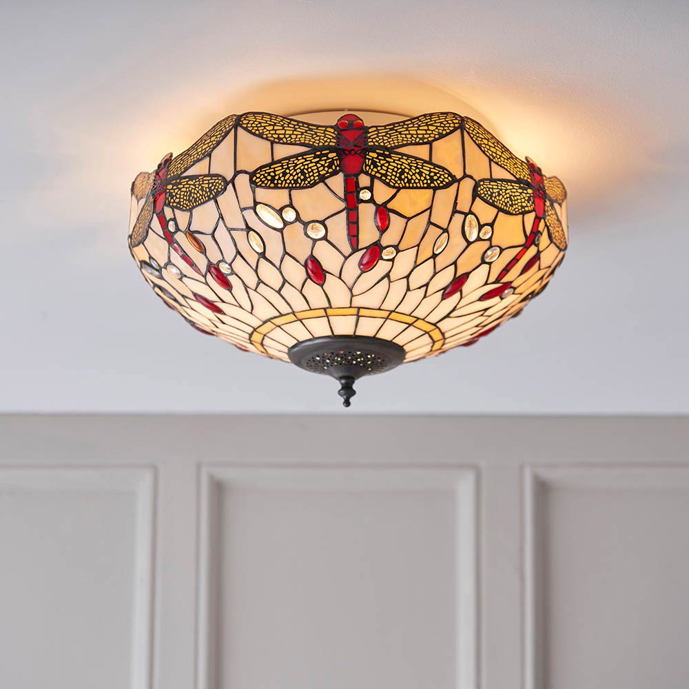 Beige Dragonfly Medium 2 Lamp Flush Tiffany Ceiling Light